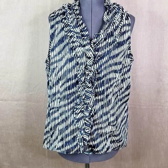 ANNE KLEIN Blue and White‎ Abstract Ruffled Blouse OX - Picture 1 of 7